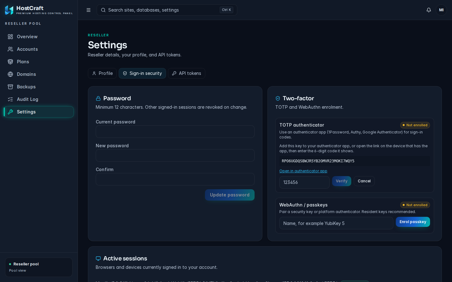 The Sign-in security settings page showing the TOTP authenticator and WebAuthn passkey enrolment cards