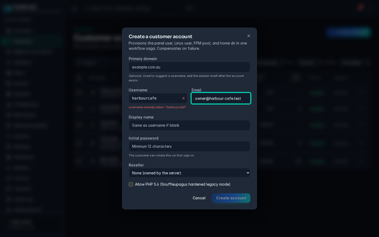 The Create a customer account dialog with username suggestion and the green availability tick