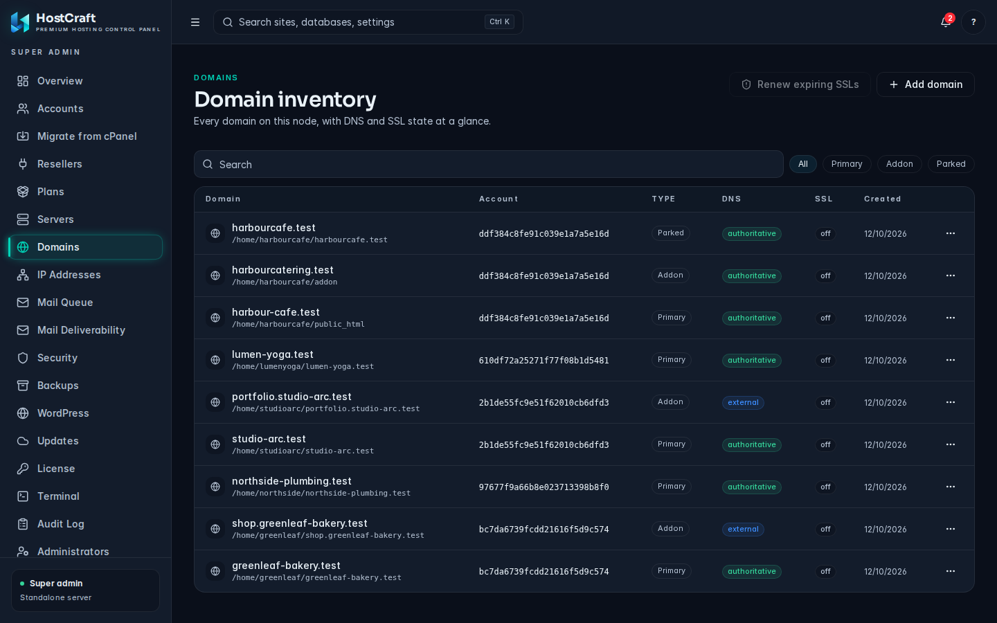 The Domain inventory table with type filter chips and the Renew expiring SSLs and Add domain buttons