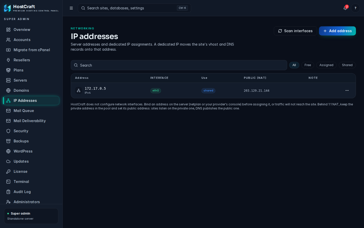 The IP addresses table with Interface and Use columns, filter chips, and Scan interfaces and Add address buttons