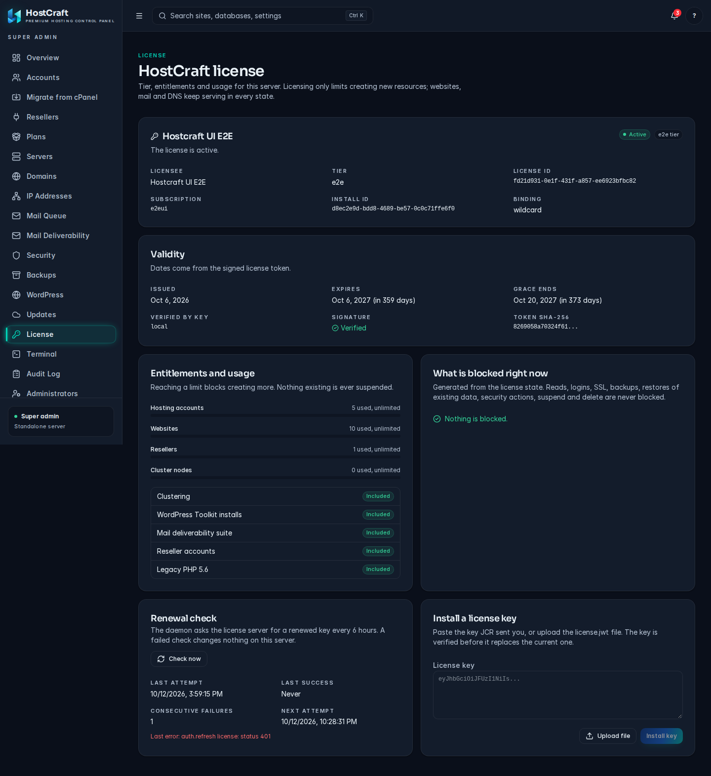 The HostCraft license page with state badge, entitlements and usage bars, and the Install a license key card