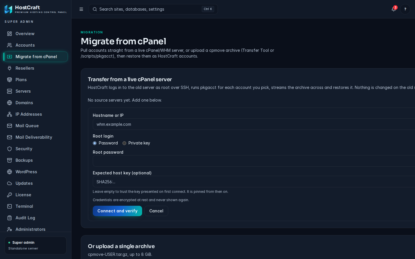 The Migrate from cPanel page with the Add source server form: hostname, root login, expected host key and Connect and verify