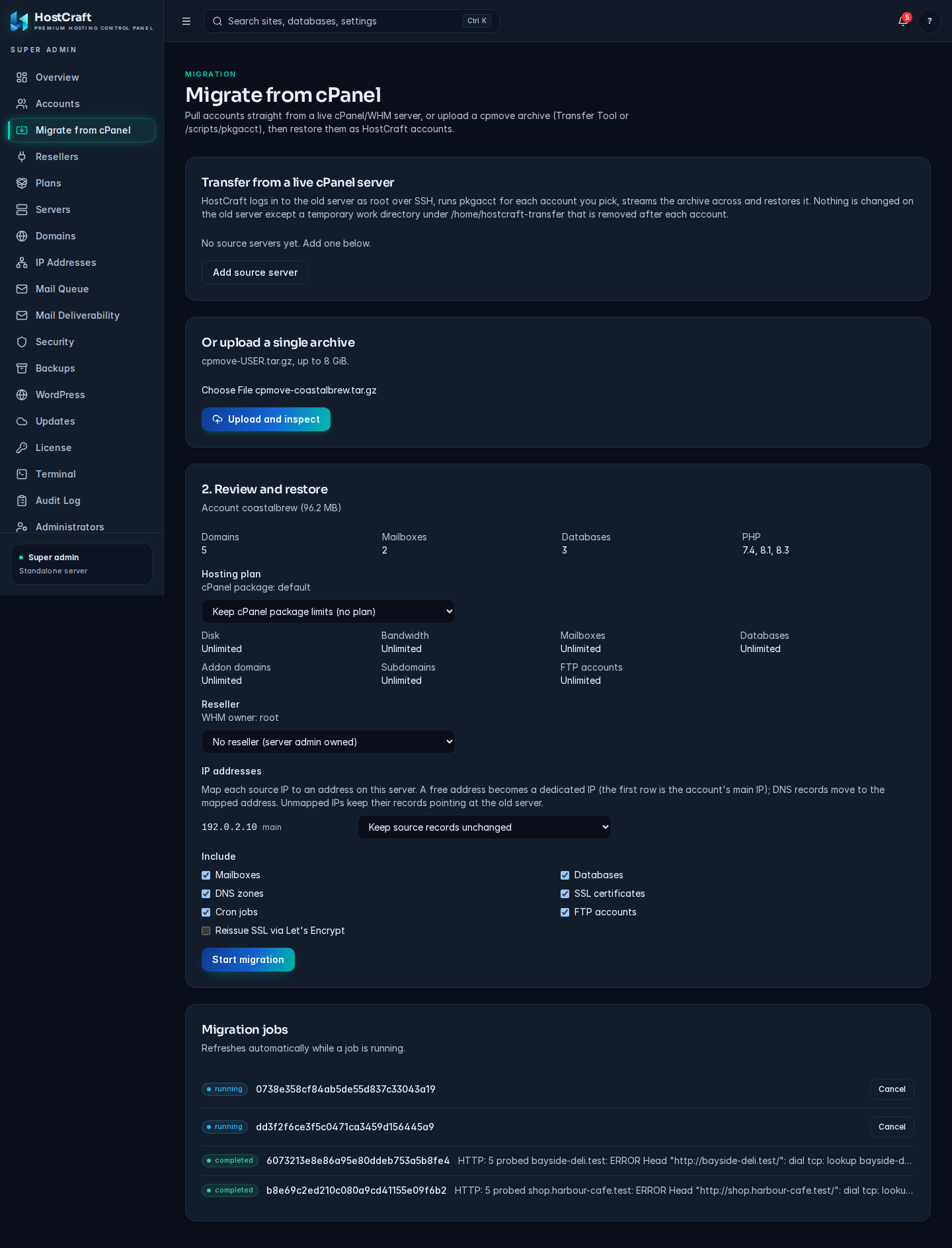 The Review and restore panel showing the account summary, hosting plan, reseller, IP mapping, include options and the Start migration button