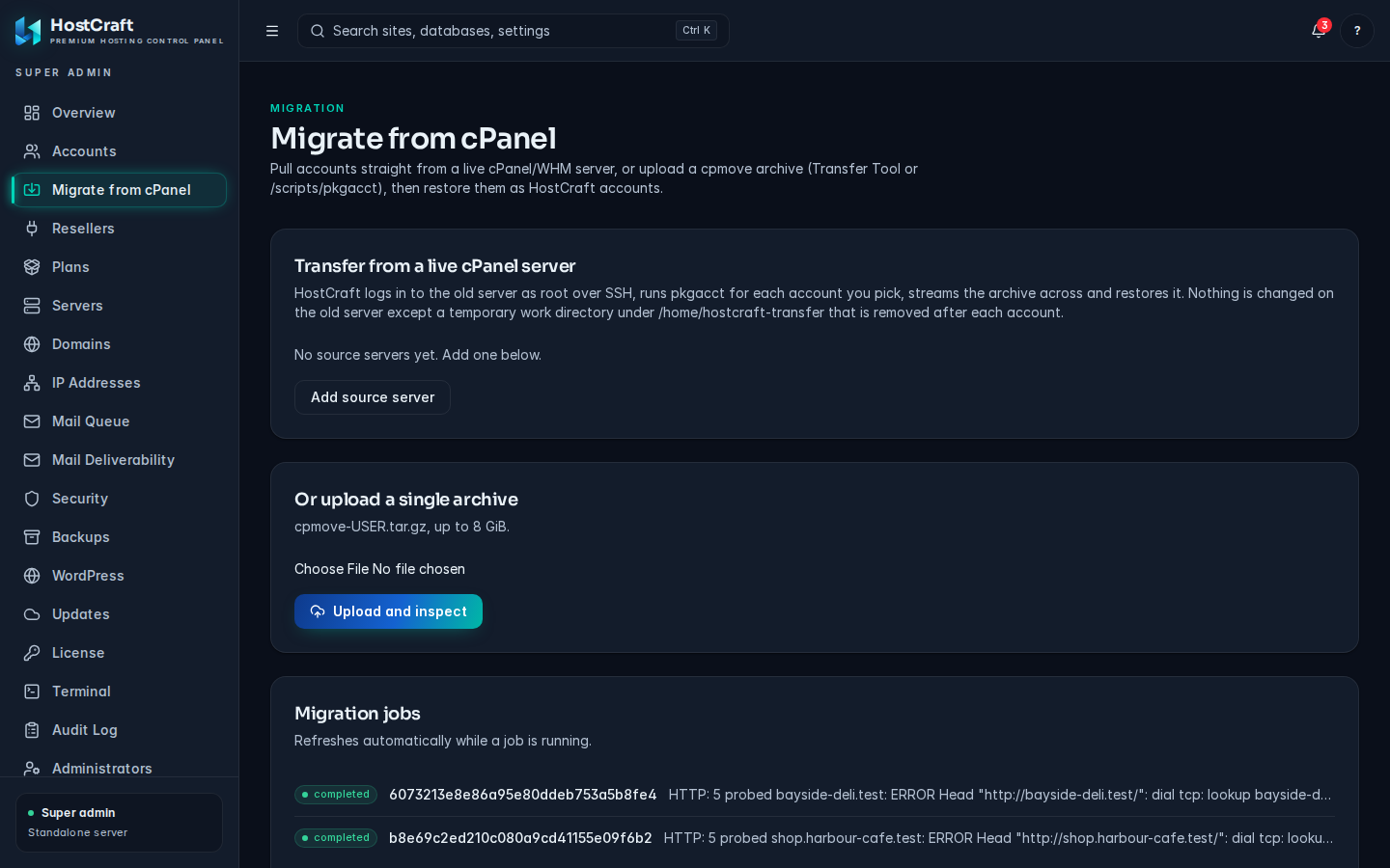 The Migrate from cPanel page with the live transfer card and the upload card