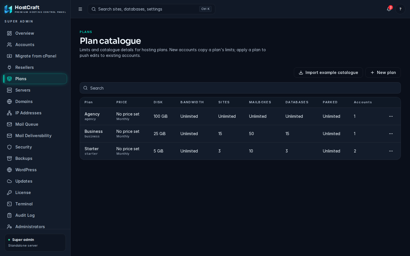 The Plan catalogue table with Import example catalogue and New plan buttons