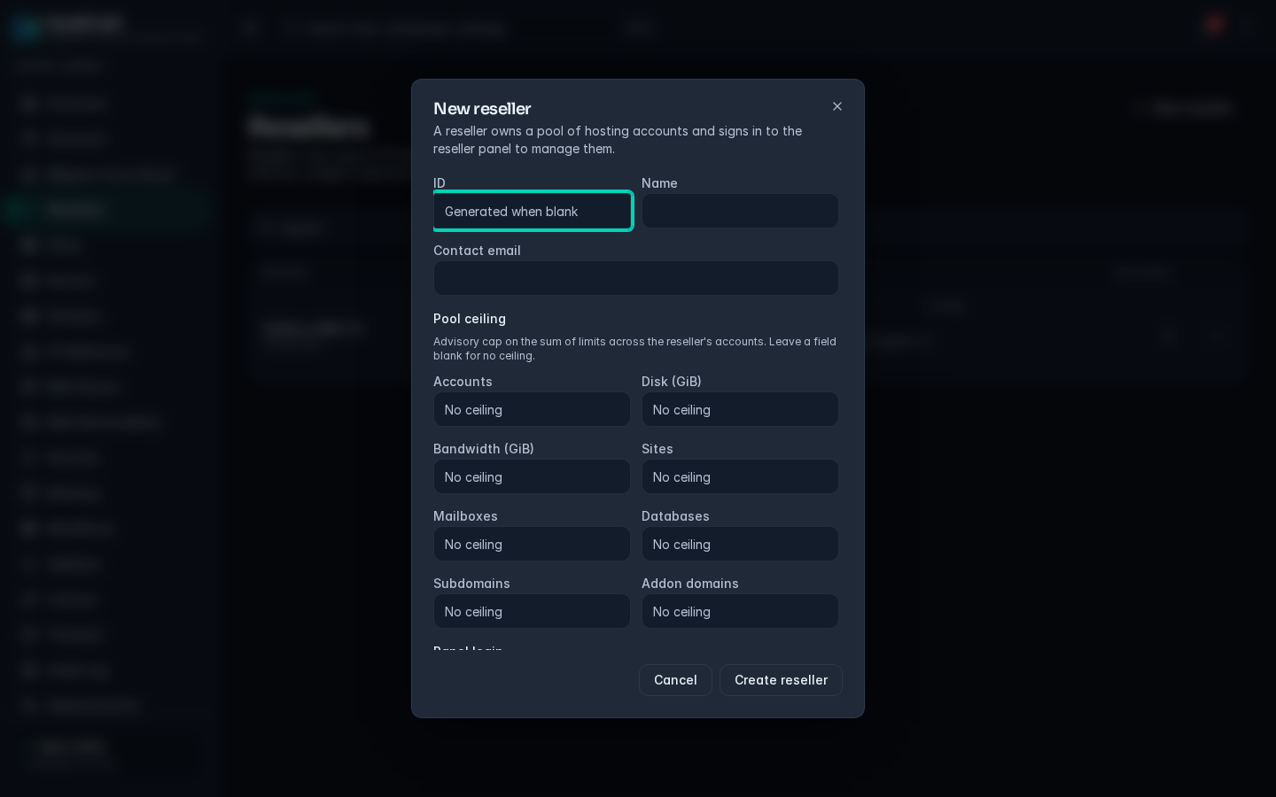 The New reseller dialog with pool ceiling fields and the Panel login section