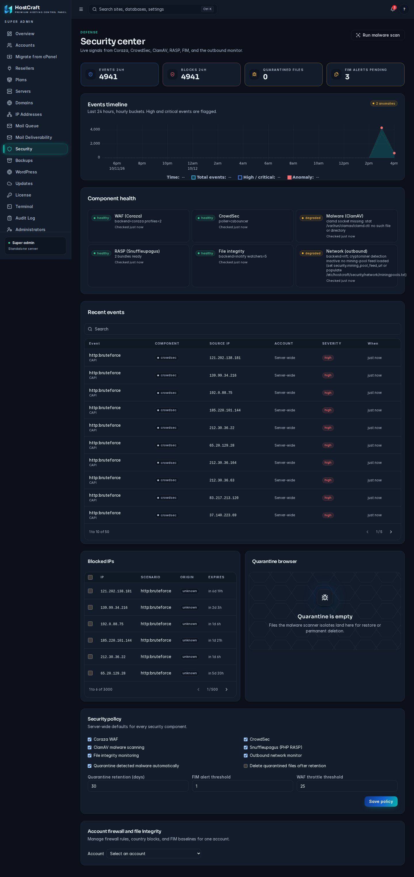 The Security center with event counters, an events timeline, component health cards, recent events, blocked IPs and the security policy