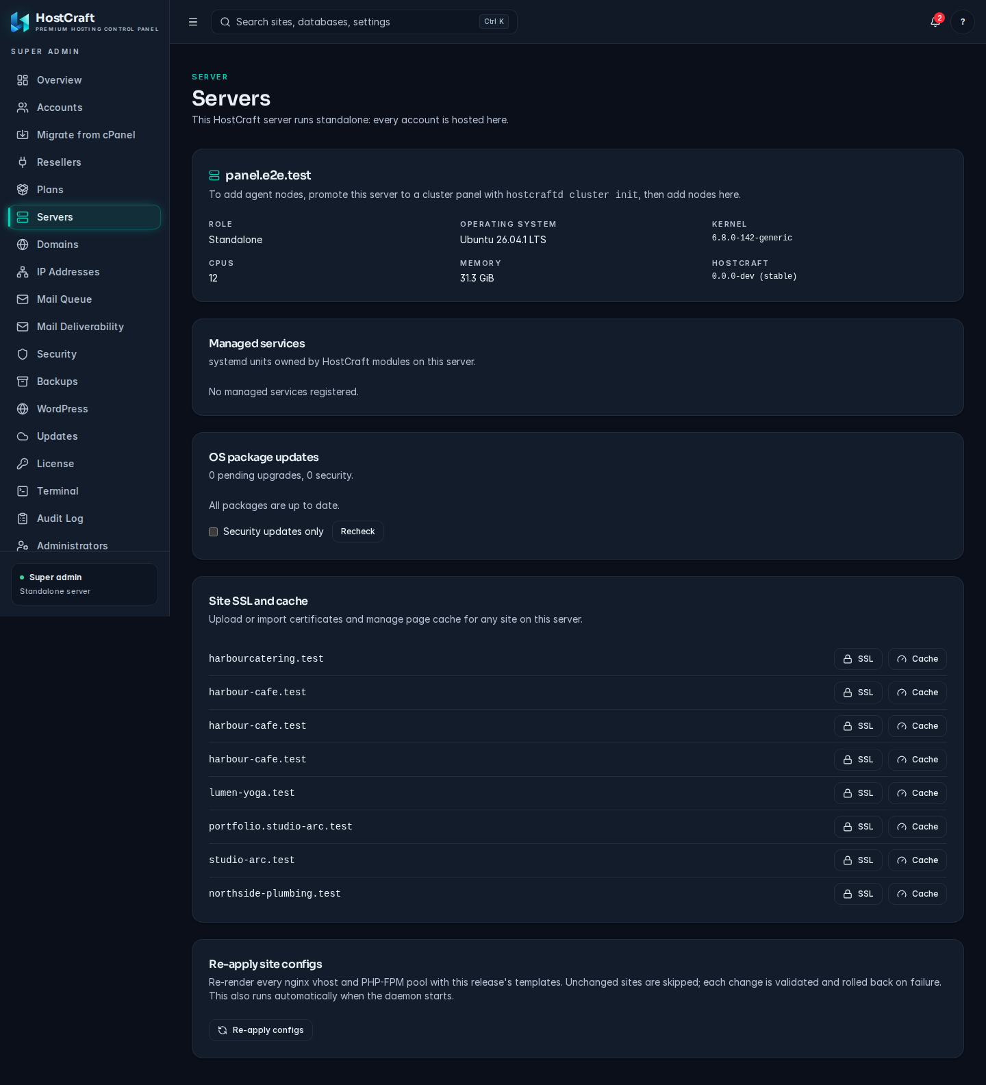 The admin Servers page for a standalone server with role, OS, kernel, CPU and memory details