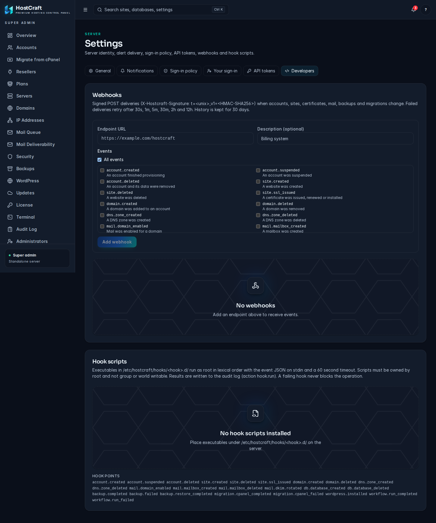 Developers tab with the add webhook form and the Hook scripts card listing the hook points
