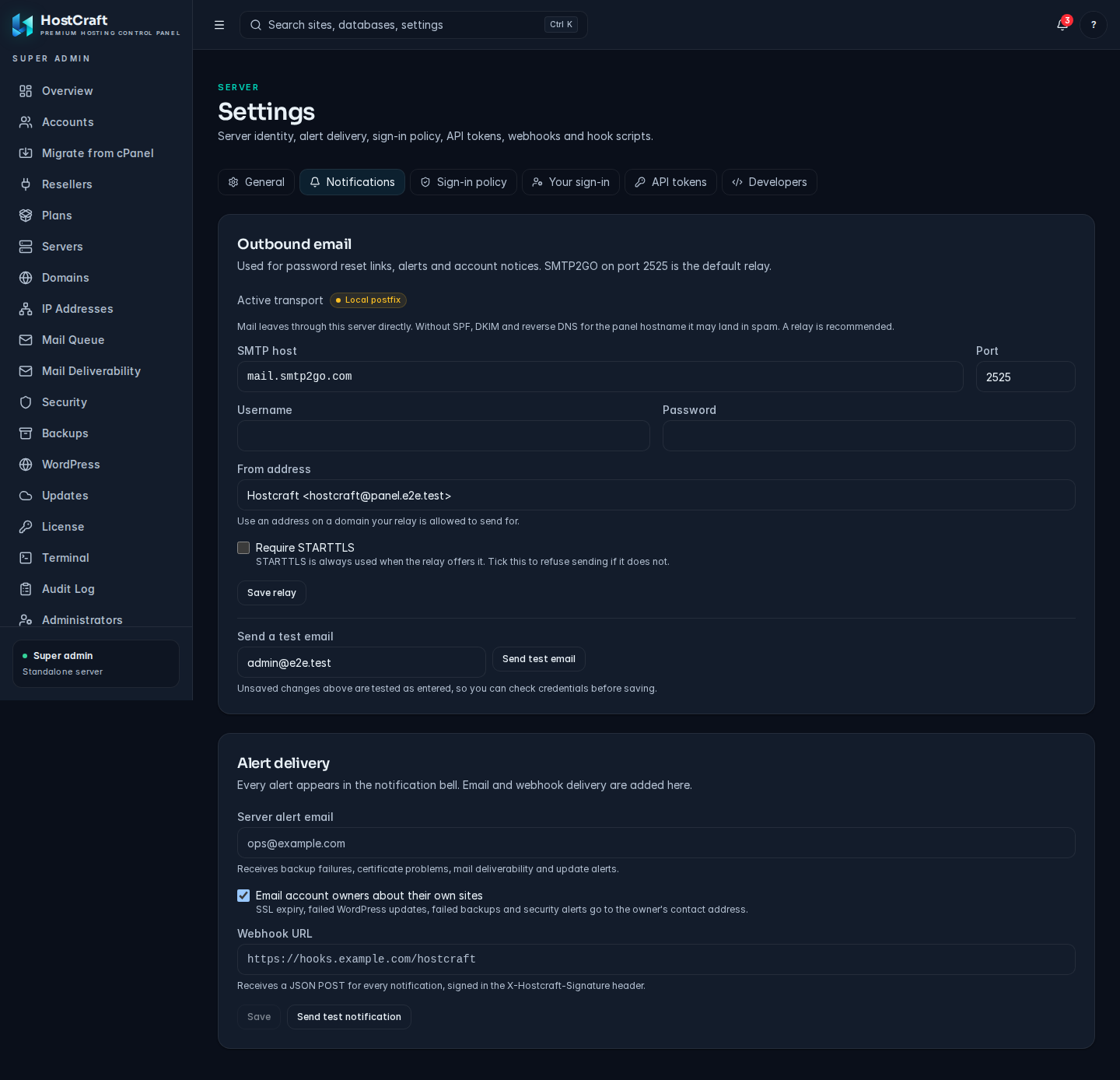 Notifications tab with Alert delivery, Webhook signing secret and Outbound email cards