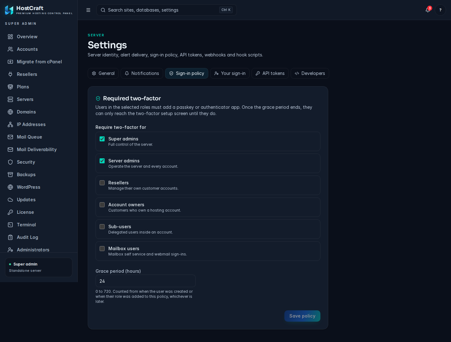 The Settings page on the Sign-in policy tab, with role checkboxes for required two-factor and a grace period field