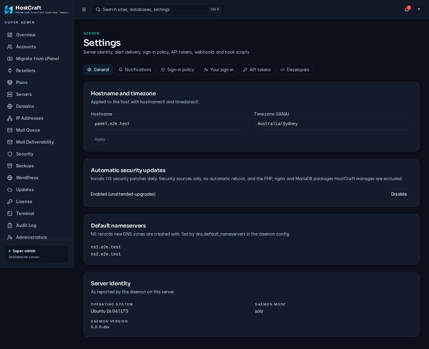 Admin Settings General tab with Hostname and timezone, Automatic security updates and Server identity