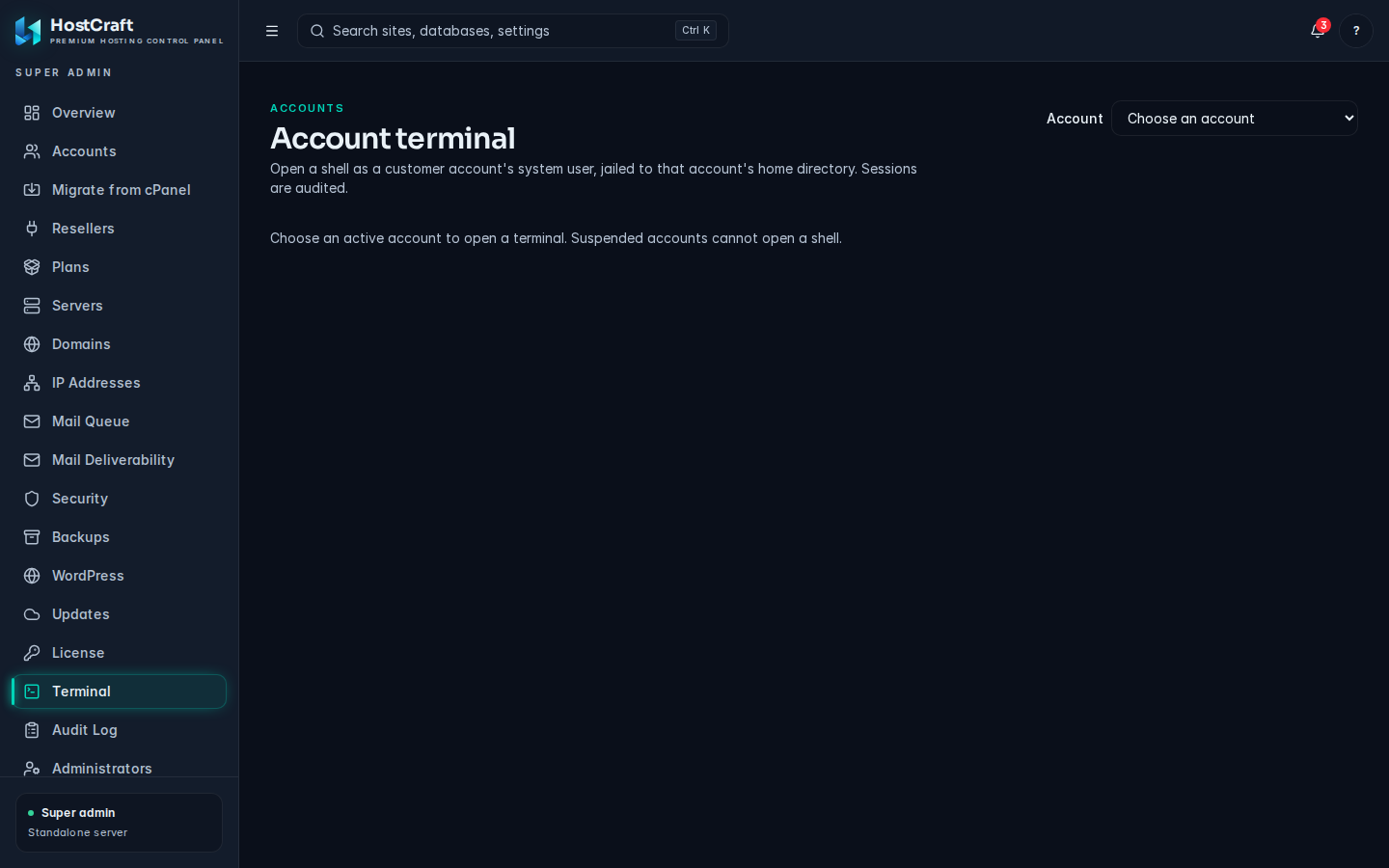 The Account terminal page with an account selector for opening a jailed shell