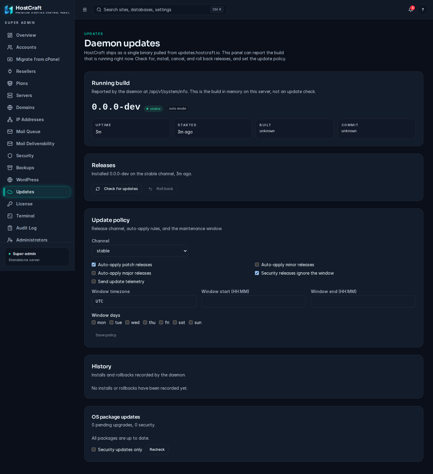 The Daemon updates page with the running build, Releases, Update policy, History and OS package updates
