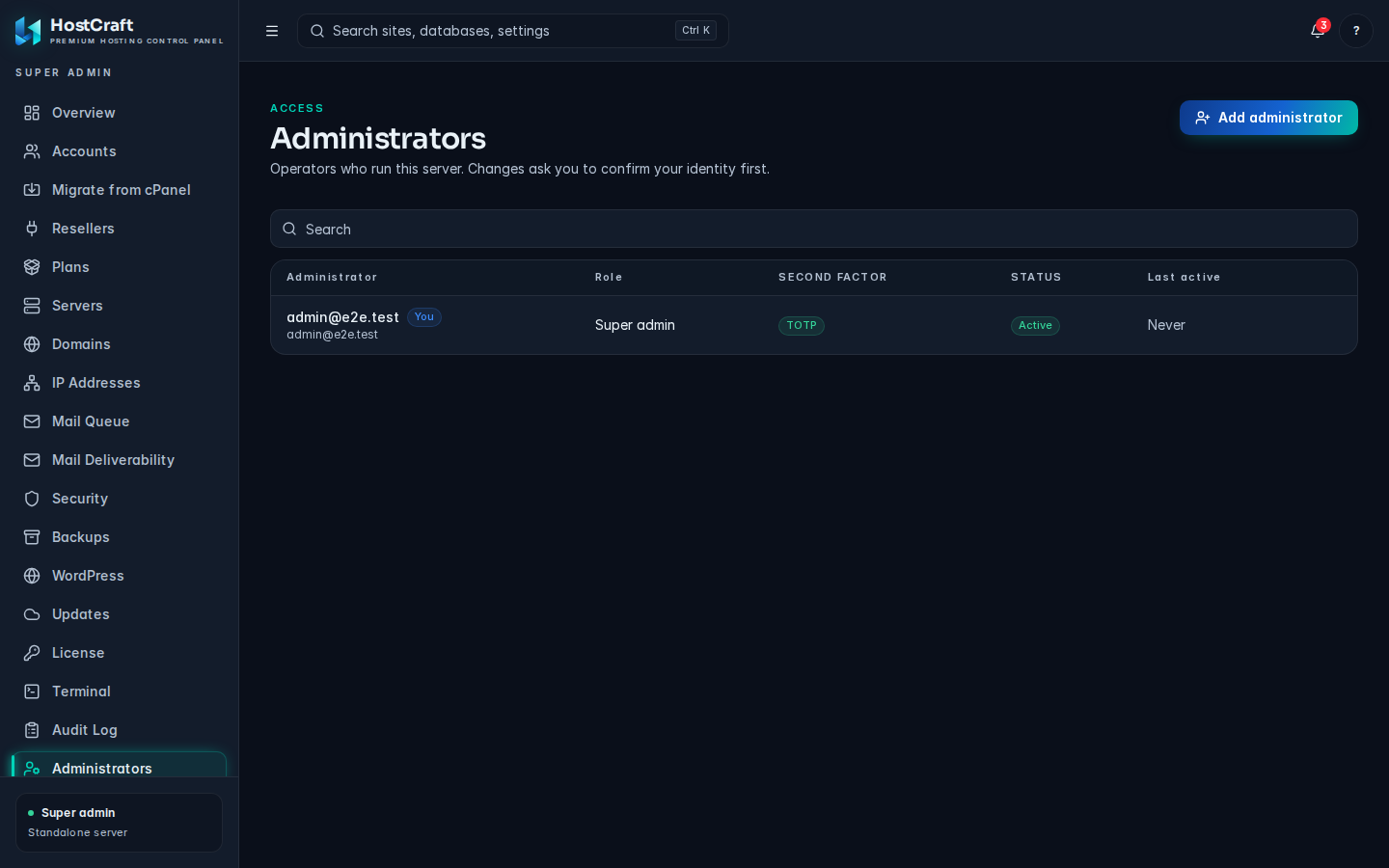 The Administrators page listing operators with their role, second factor and status