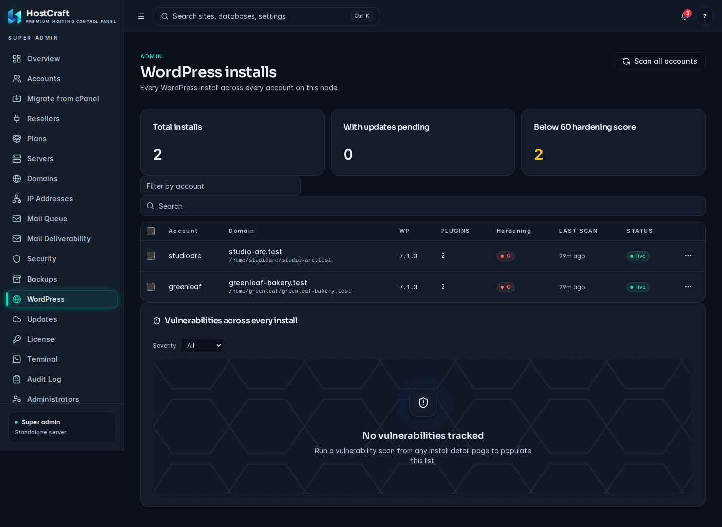 The admin WordPress installs page with summary cards, the install list across accounts and the vulnerabilities panel
