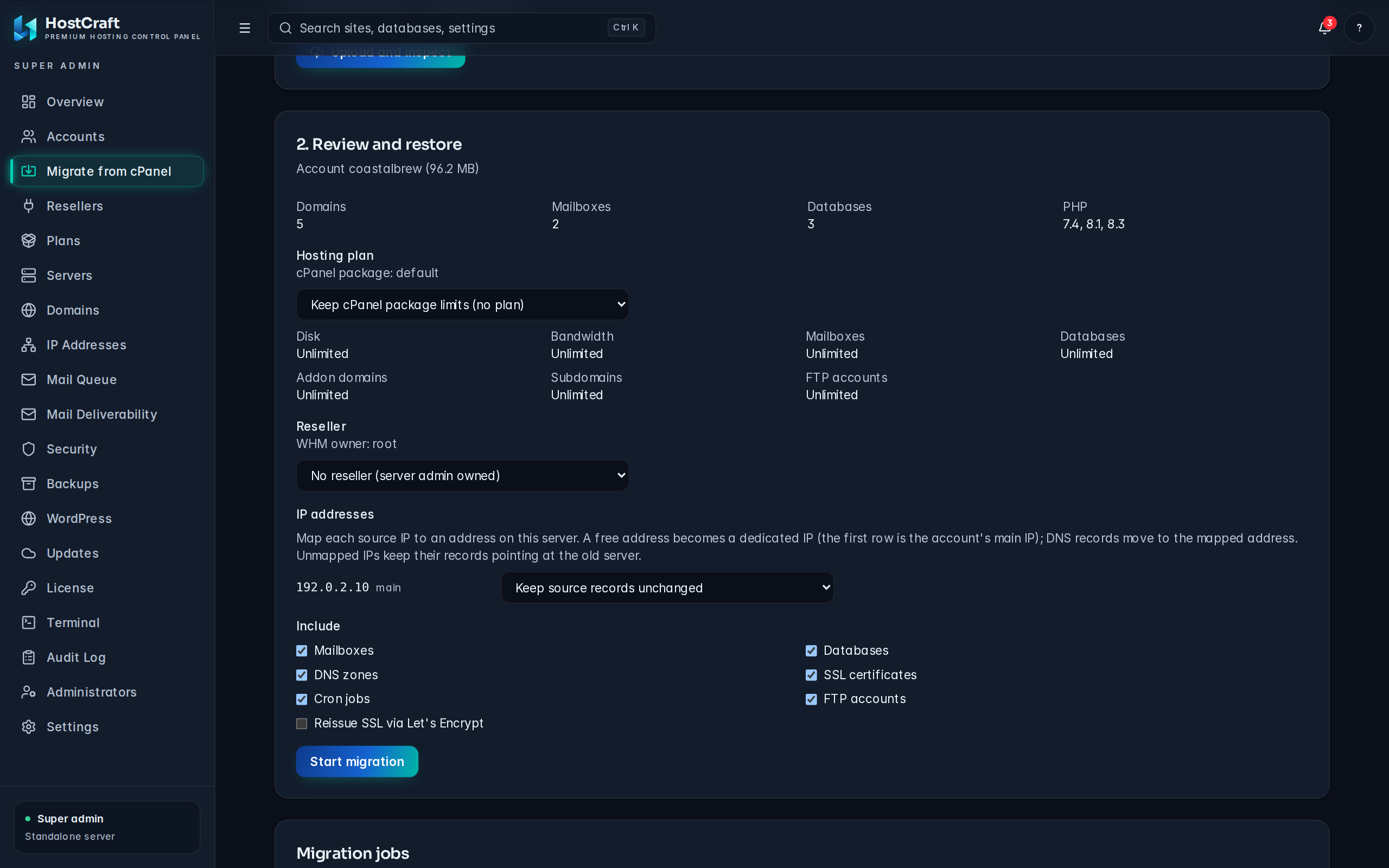 The cPanel migration review step with plan, reseller and include options