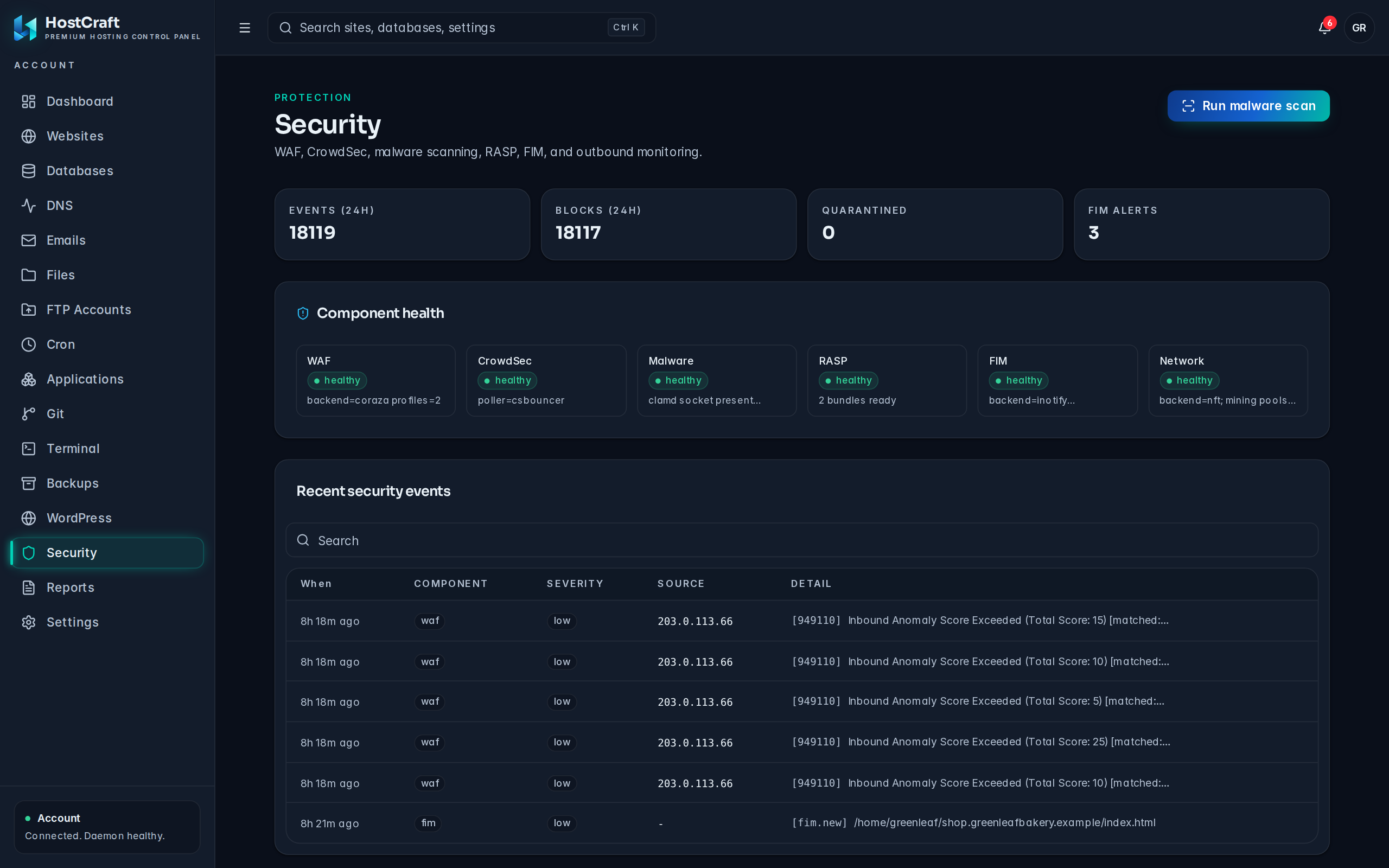 The Security page with component health and recent firewall events