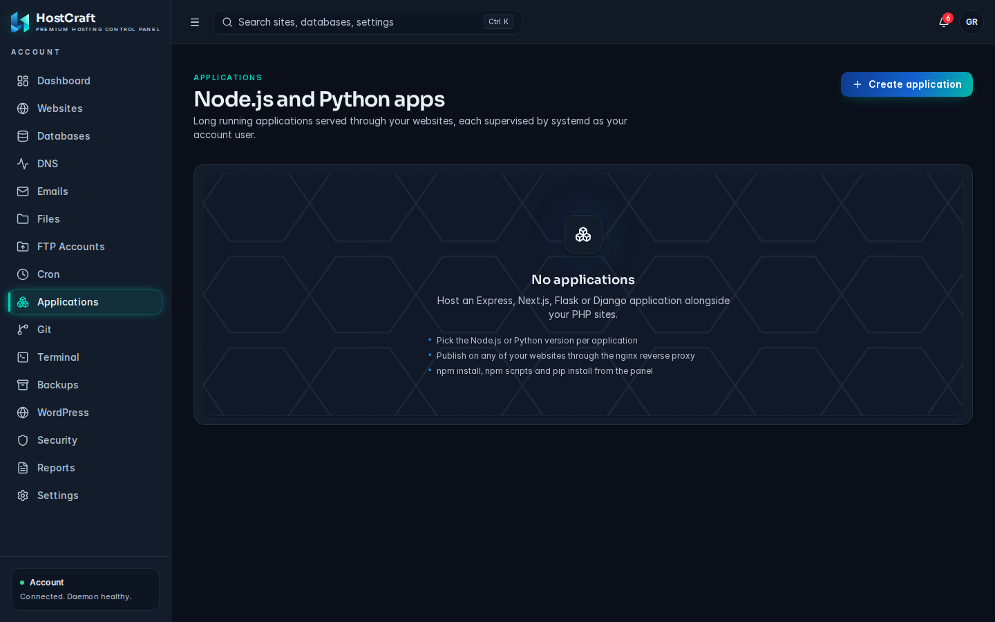 The Applications page listing a Node.js app with its runtime, URL and running status, and the Create application button