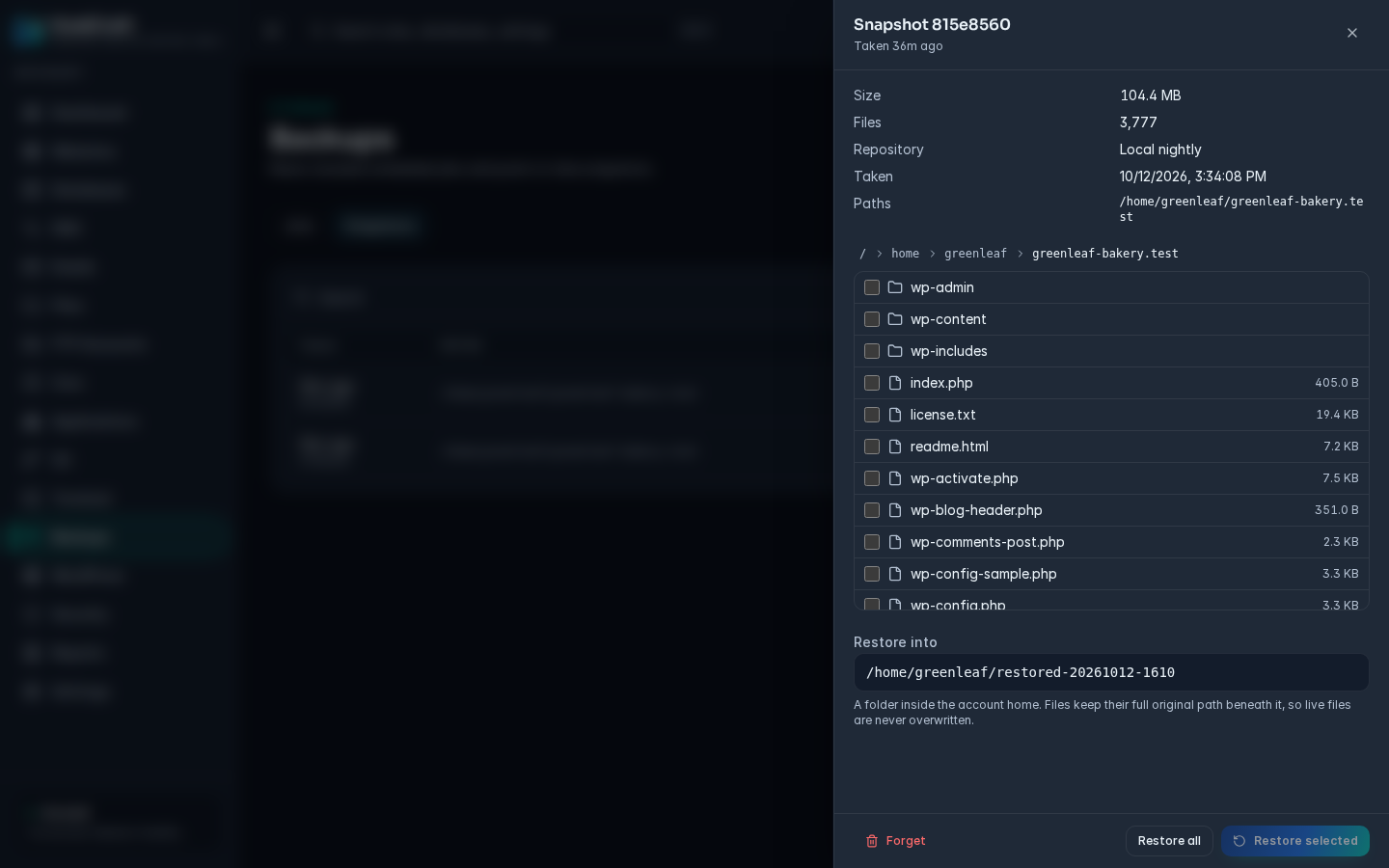 Snapshot drawer with the file browser, two items ticked, the Restore into field and the Restore selected button
