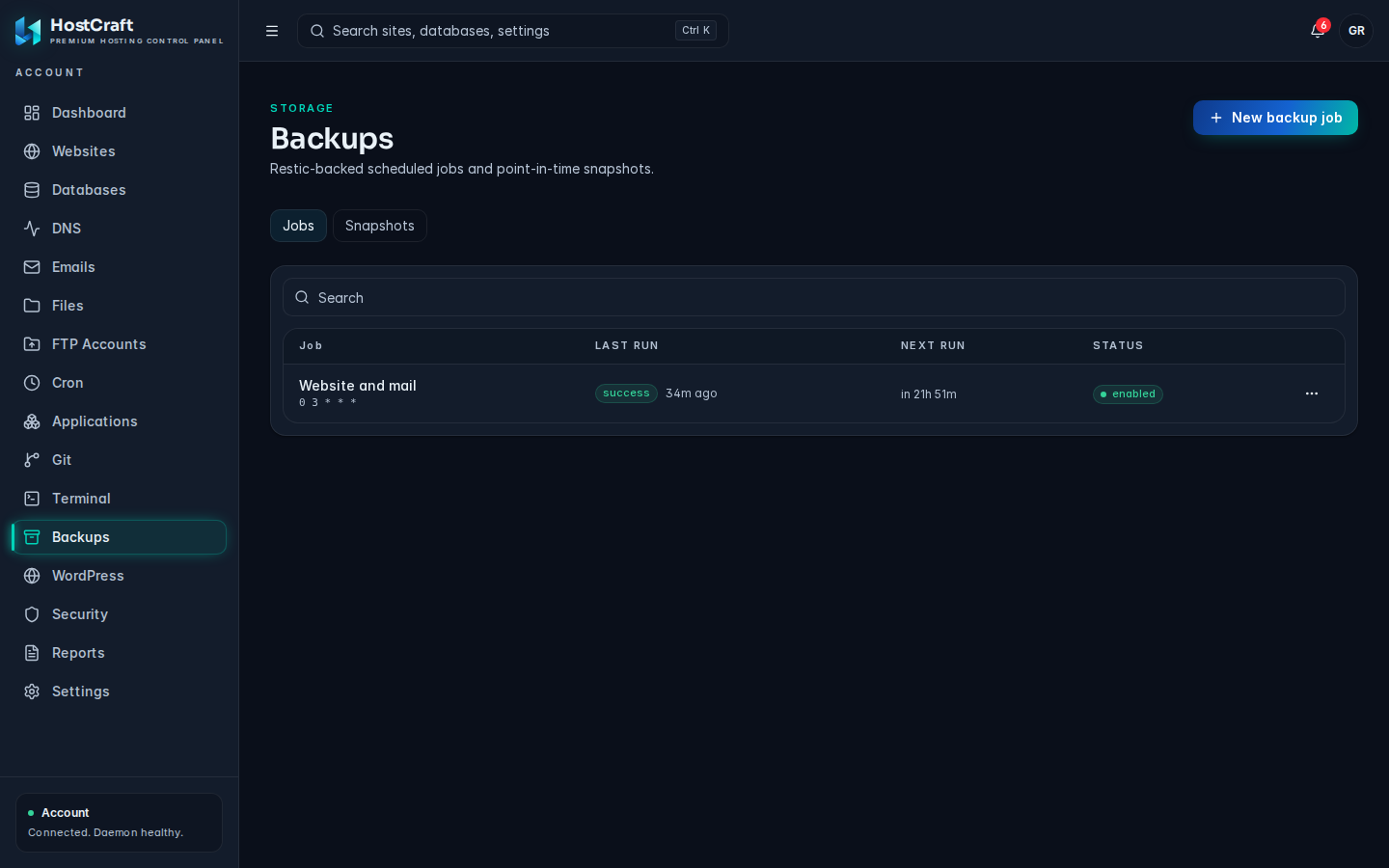 Backups page on the Jobs tab with two jobs, showing Job, Last run, Next run and Status columns