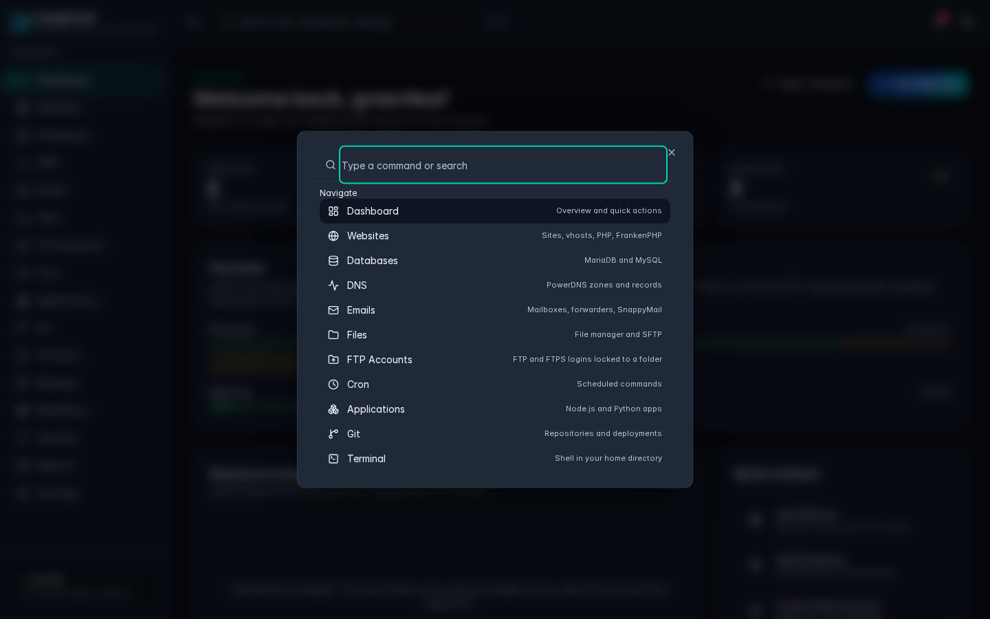 The command palette open with the Navigate group listing pages and their descriptions