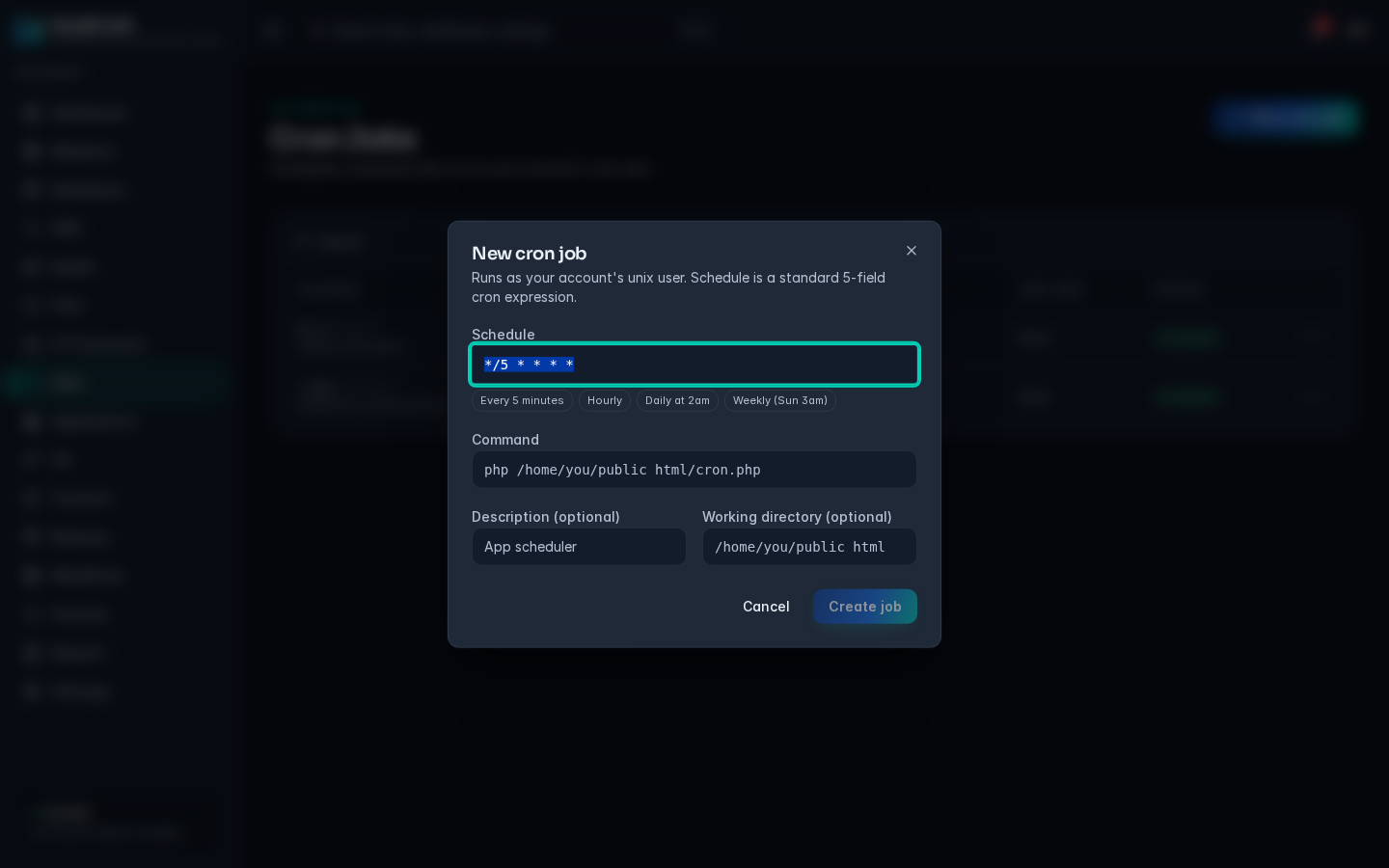 New cron job dialog with schedule presets and the Command, Description and Working directory fields
