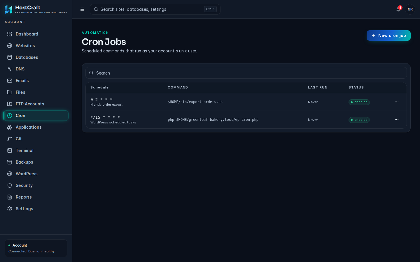 Cron Jobs page listing jobs with schedule, command, last run and status
