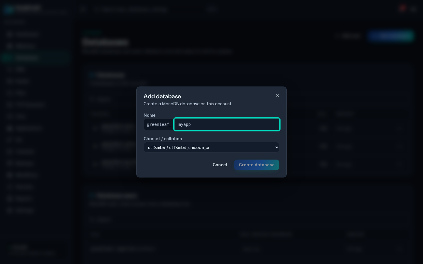 Add database dialog with the account prefix in front of the Name field and the Charset / collation list