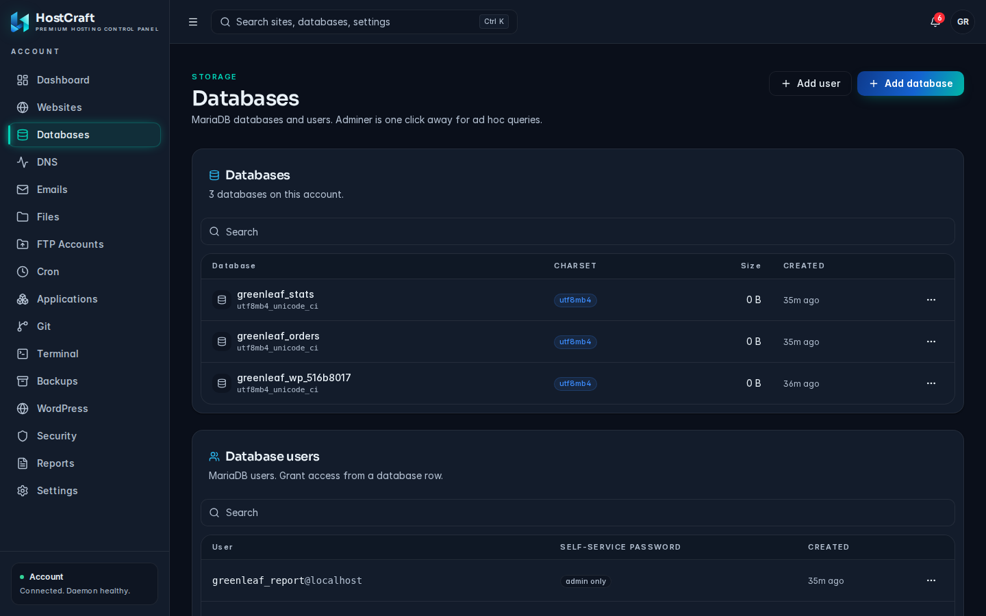Databases page listing three databases and the Database users table