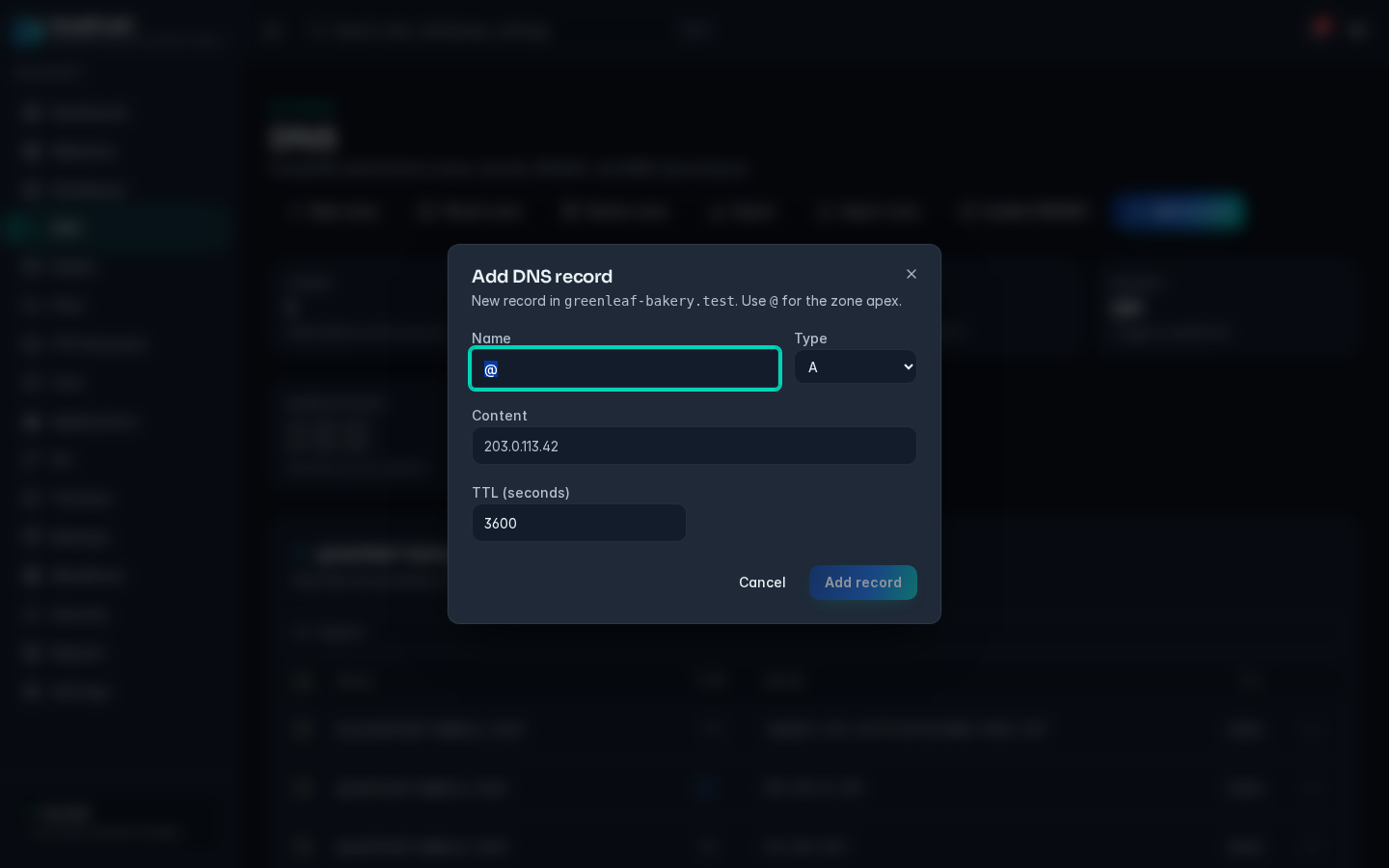 Add DNS record dialog with Name, Type, Content and TTL fields