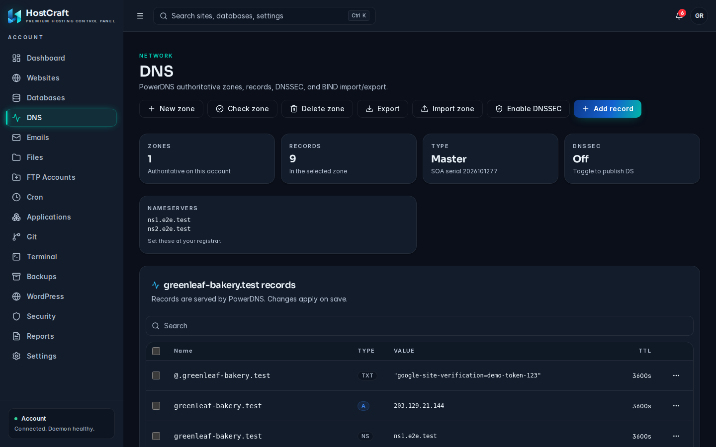DNS page with the zone tiles, Nameservers card and the records table for greenleaf-bakery.test