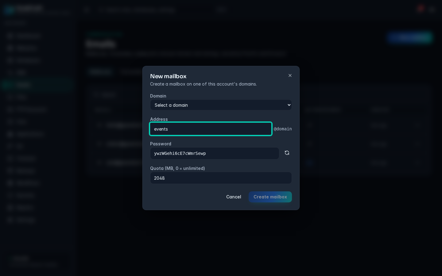 New mailbox dialog with Domain, Address, a generated Password and Quota set to 2048
