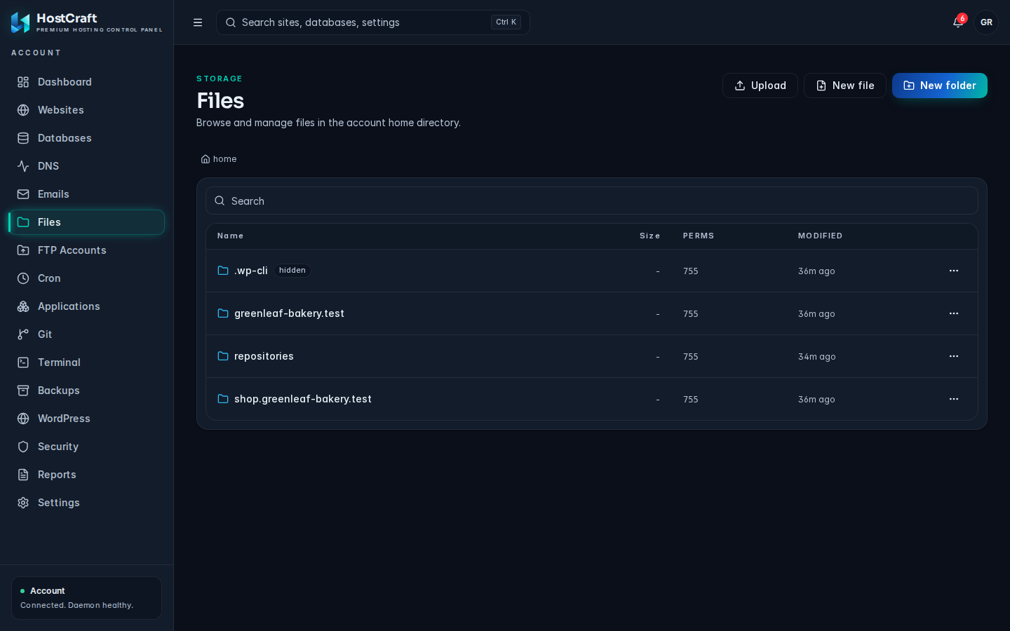 Files page at the home folder with the breadcrumb and the Upload, New file and New folder buttons