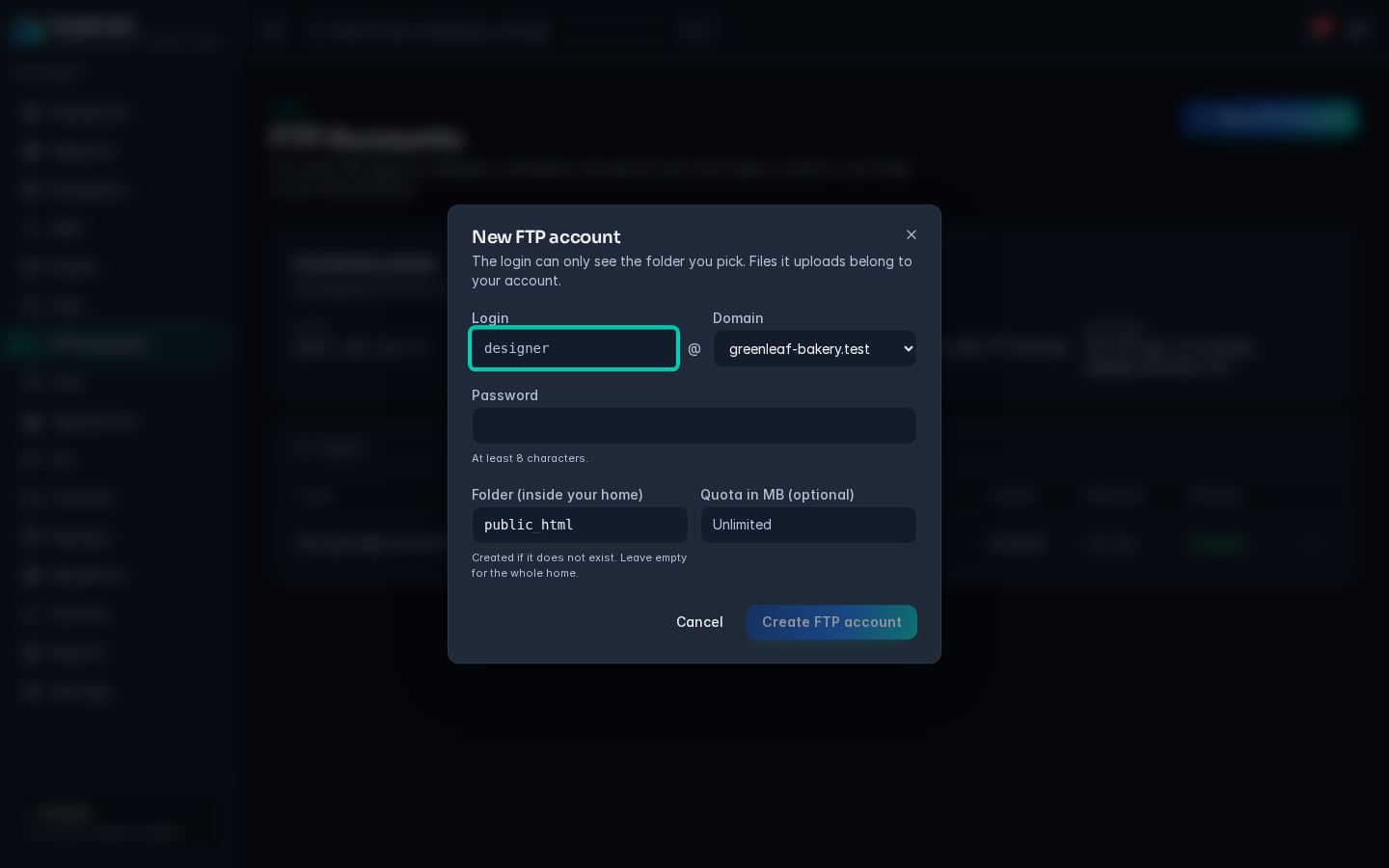 New FTP account dialog with Login, Domain, Password, Folder (inside your home) and Quota in MB fields