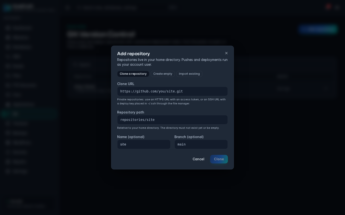 The Add repository dialog on the Clone a repository tab with Clone URL, Repository path, Name (optional) and Branch (optional)