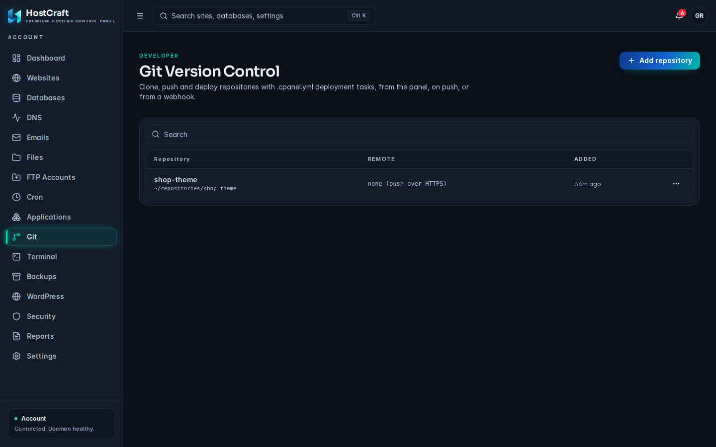 The Git Version Control page with a repository listed and the Add repository button