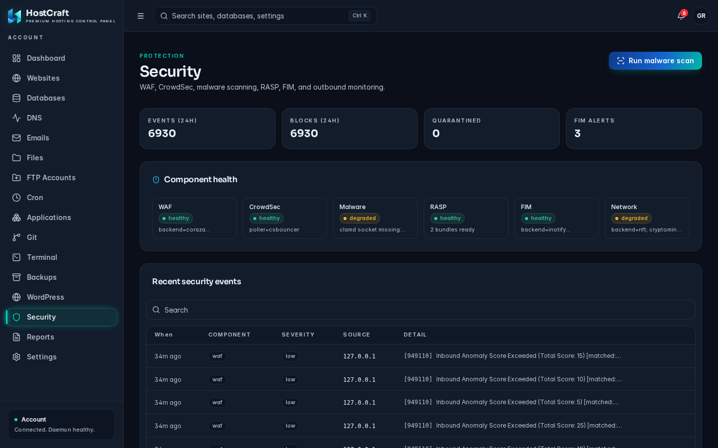 Security page with the component health row, the four stat cards and Recent security events