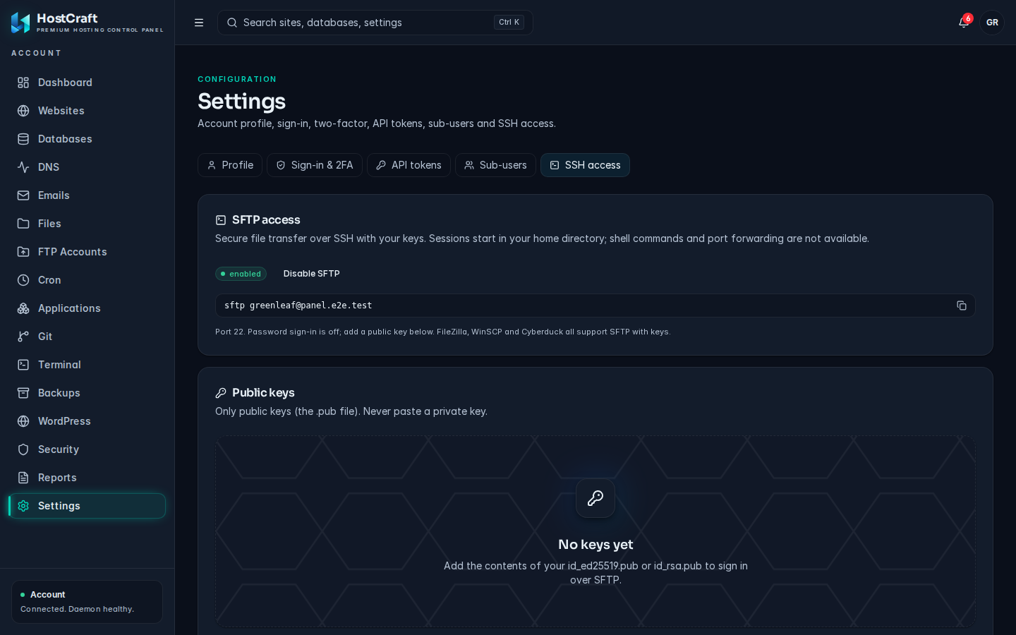 SSH access tab with SFTP enabled, the port shown and one public key listed