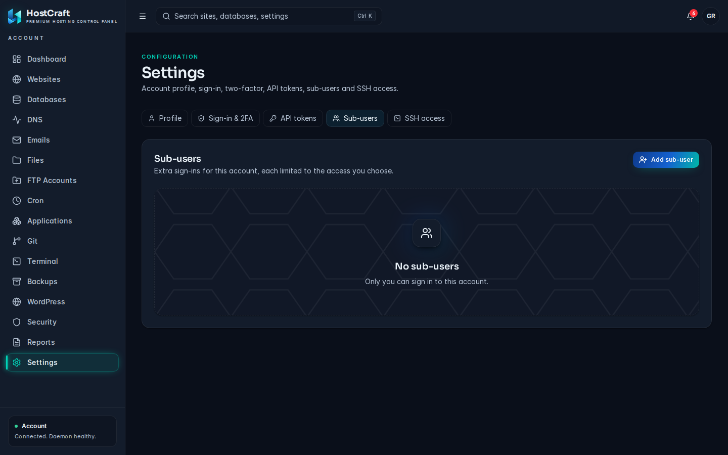 Add sub-user form with the Access preset list open