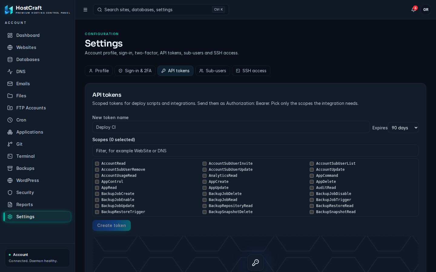 API tokens tab with the create form, scope picker and the list of existing tokens