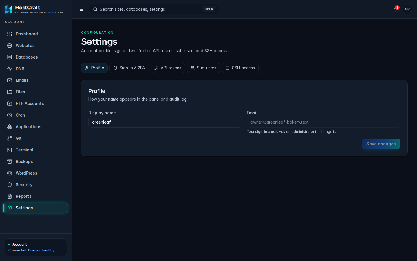 Settings page on the Profile tab showing Display name and the read-only Email field