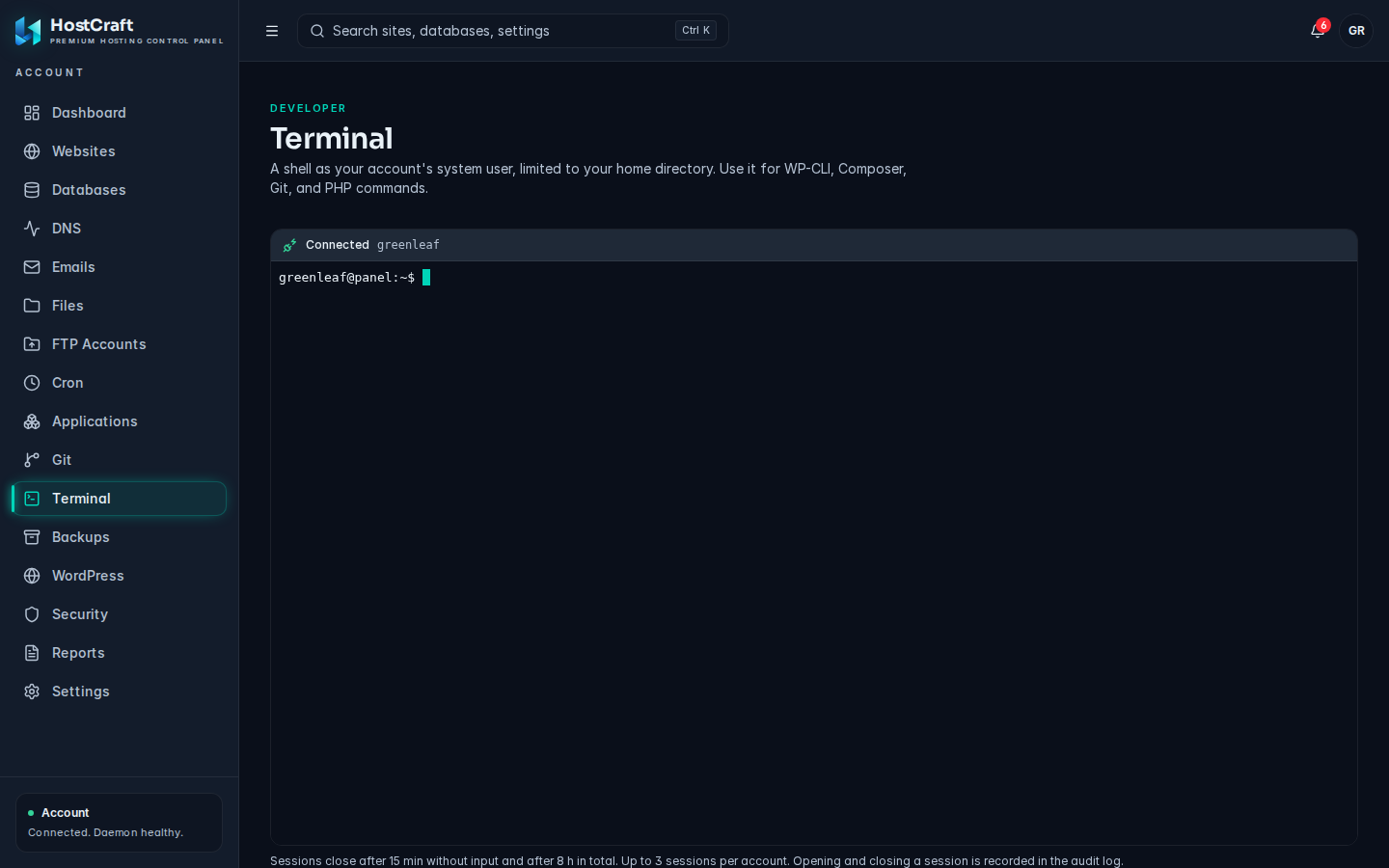 Terminal page connected as the account user, with the session limits line below