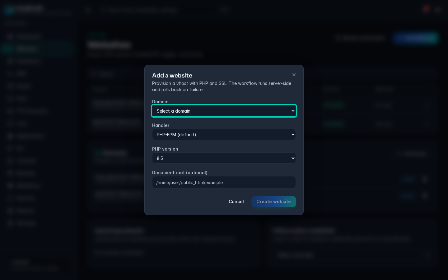 The Add a website dialog with the Domain, Handler, PHP version and Document root (optional) fields