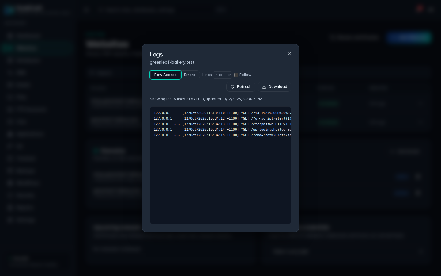 The Logs dialog on the Raw Access tab with the Lines, Follow, Refresh and Download controls