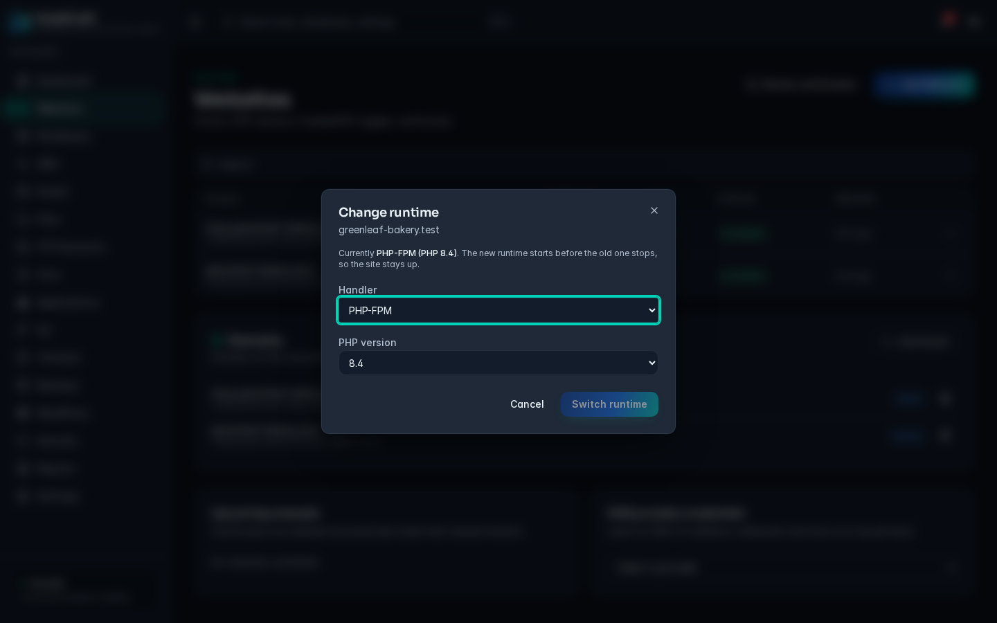 The Change runtime dialog showing the current handler and PHP version, with Handler and PHP version fields and the Switch runtime button