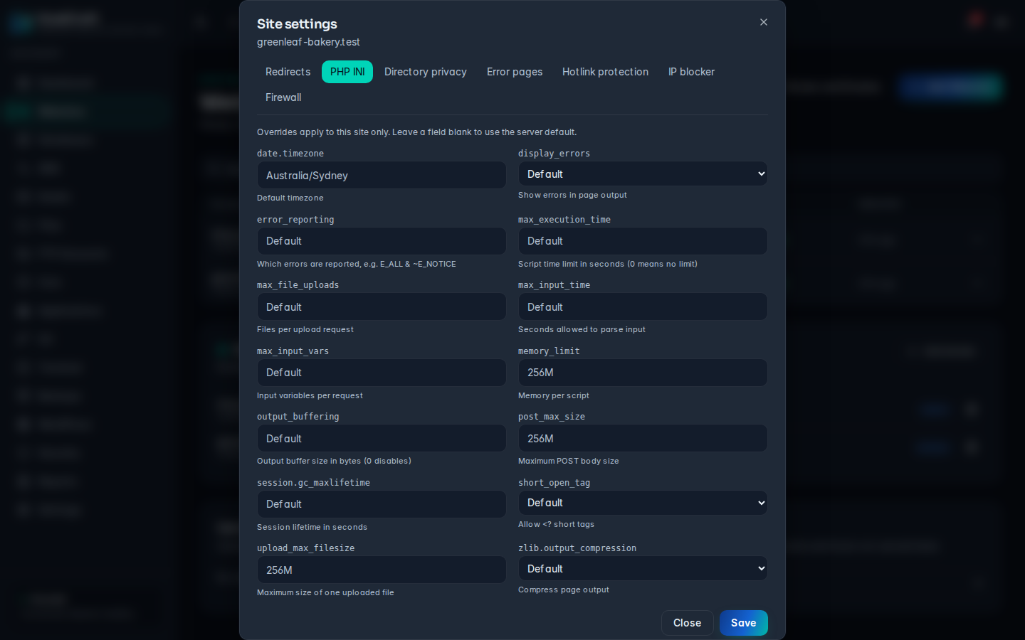 The PHP INI tab of Site settings with one field per setting and a short description under each