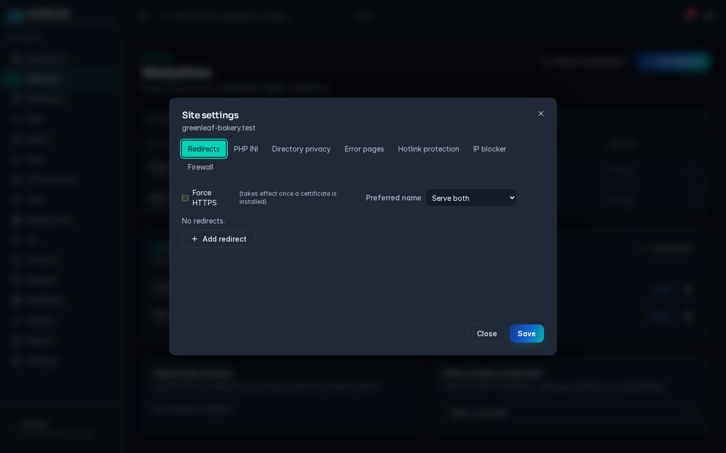 The Site settings dialog on the Redirects tab with Force HTTPS, Preferred name and Add redirect