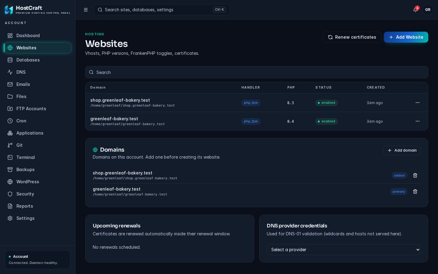 The Websites page with the sites table (Domain, Handler, PHP, Status, Created), the Renew certificates and Add Website buttons, and the Domains panel below