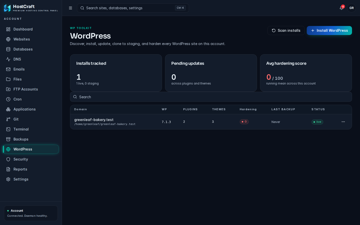 The WordPress page with the Installs tracked, Pending updates and Avg hardening score cards above the install list